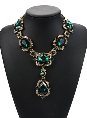 玻璃水晶锁骨链镶宝石水滴项链