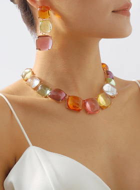 彩色树脂合金锁骨链项链耳环套装