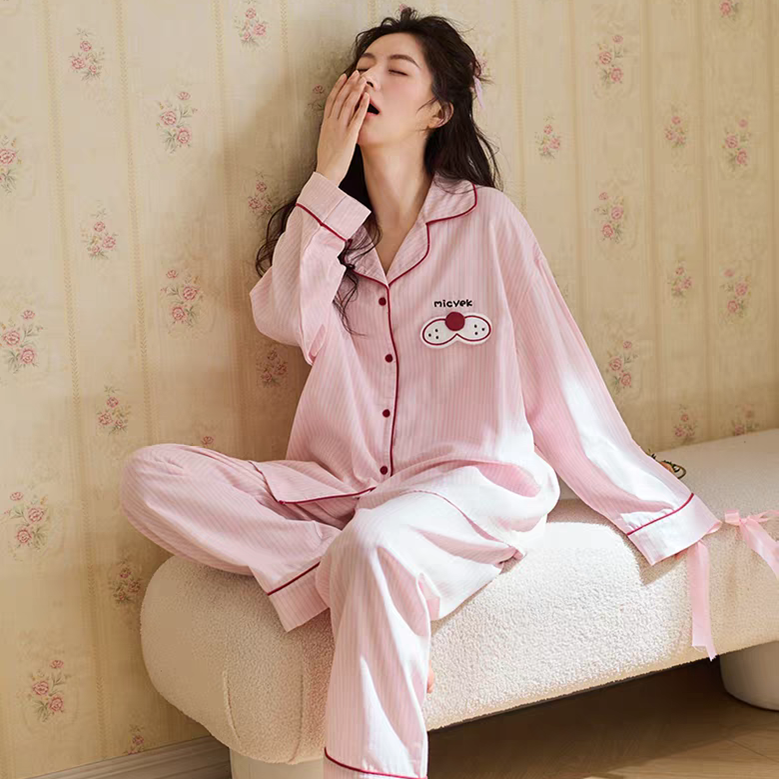 黛梦思新款睡衣女春秋纯棉长袖家居服甜美开衫春季可外穿大码套装