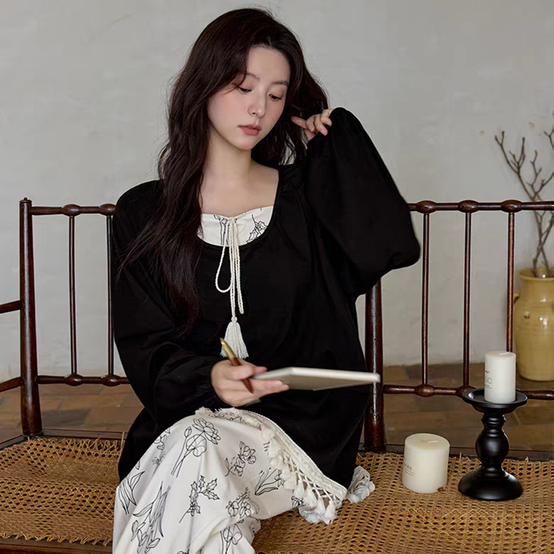 黛梦思新款睡衣女春秋季纯棉长袖家居服休闲文艺风可外穿两件套装