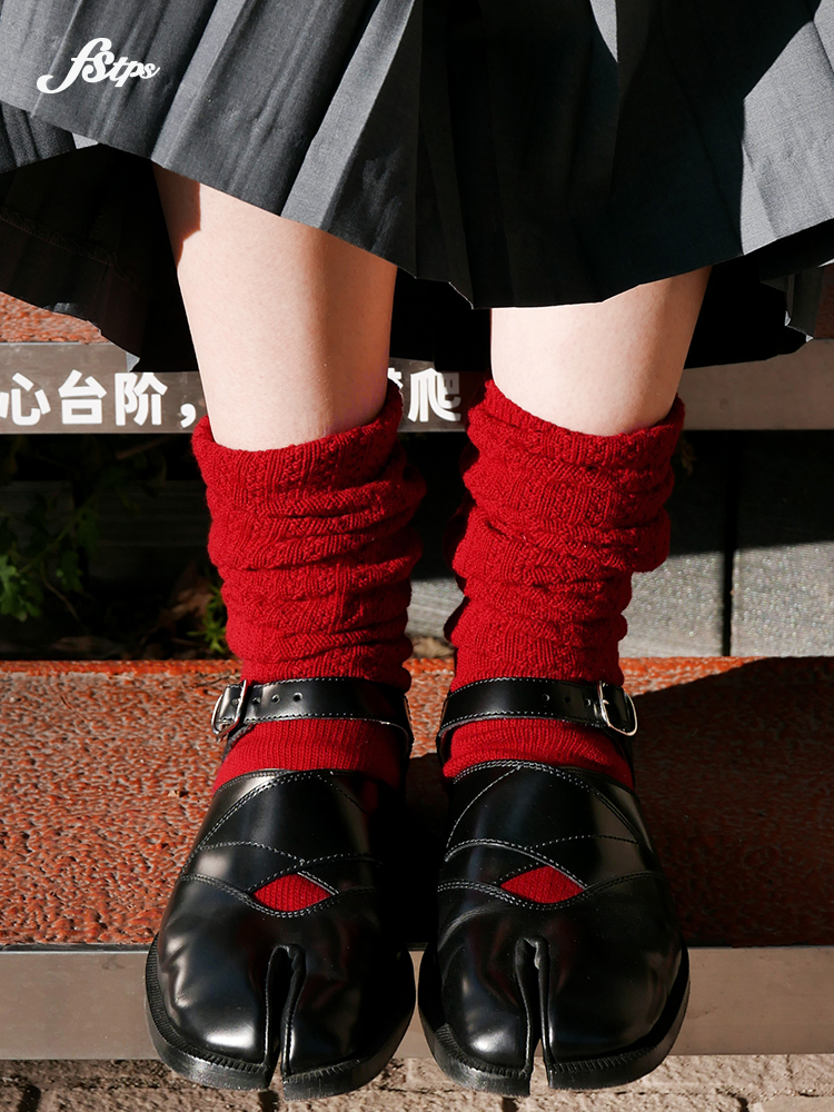 FSTPS长筒红色堆堆袜子保暖秋冬美腿显瘦小腿袜配玛丽珍蛇年礼物