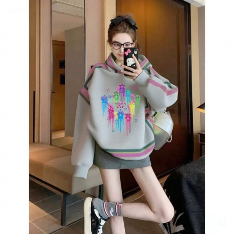 韩系连帽卫衣女春秋季2025新款冬季中长款设计感印花加绒加厚上衣