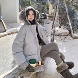 蓝色连帽短款羽绒服女2025新款韩系洋气时髦保暖宽松白鸭绒面包服，女装羽绒服，2D118