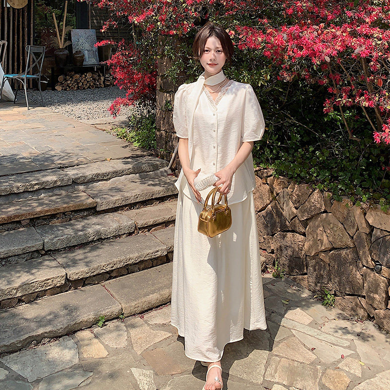 白色法式轻熟风气质优雅套装女2025夏季新款显瘦上衣半身裙两件套图片