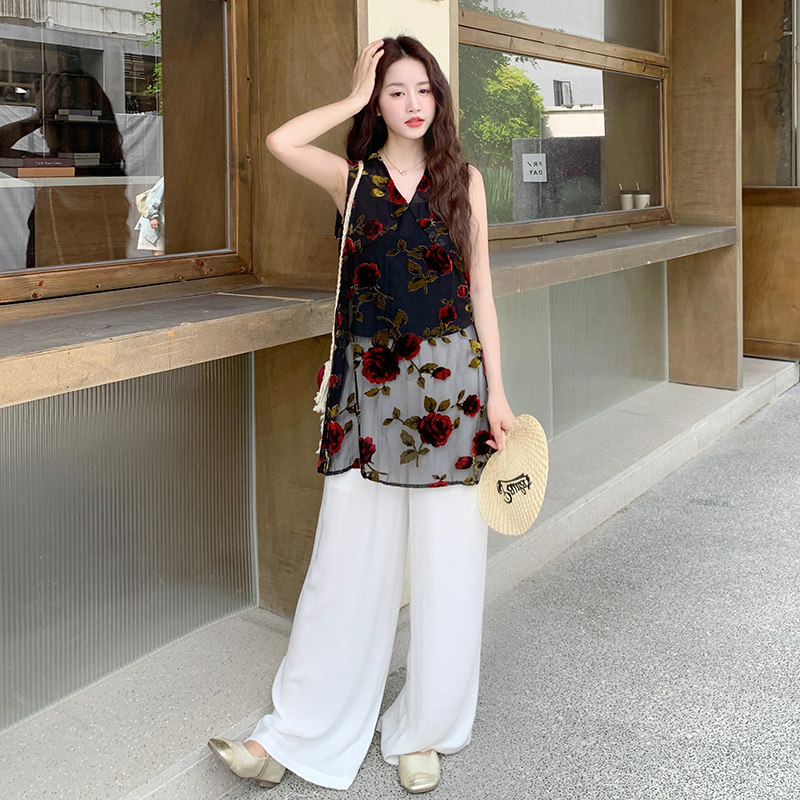 复古气质提花网纱上衣两件套女2025夏季日系新款宽松休闲裤套装潮图片