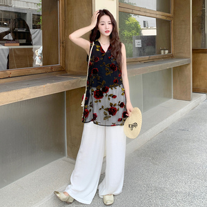 复古气质提花网纱上衣两件套女2025夏季日系新款宽松休闲裤套装潮图片