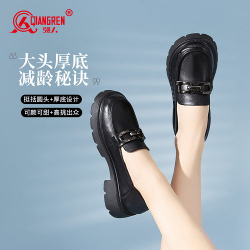 强人女真皮黑色学院风单鞋