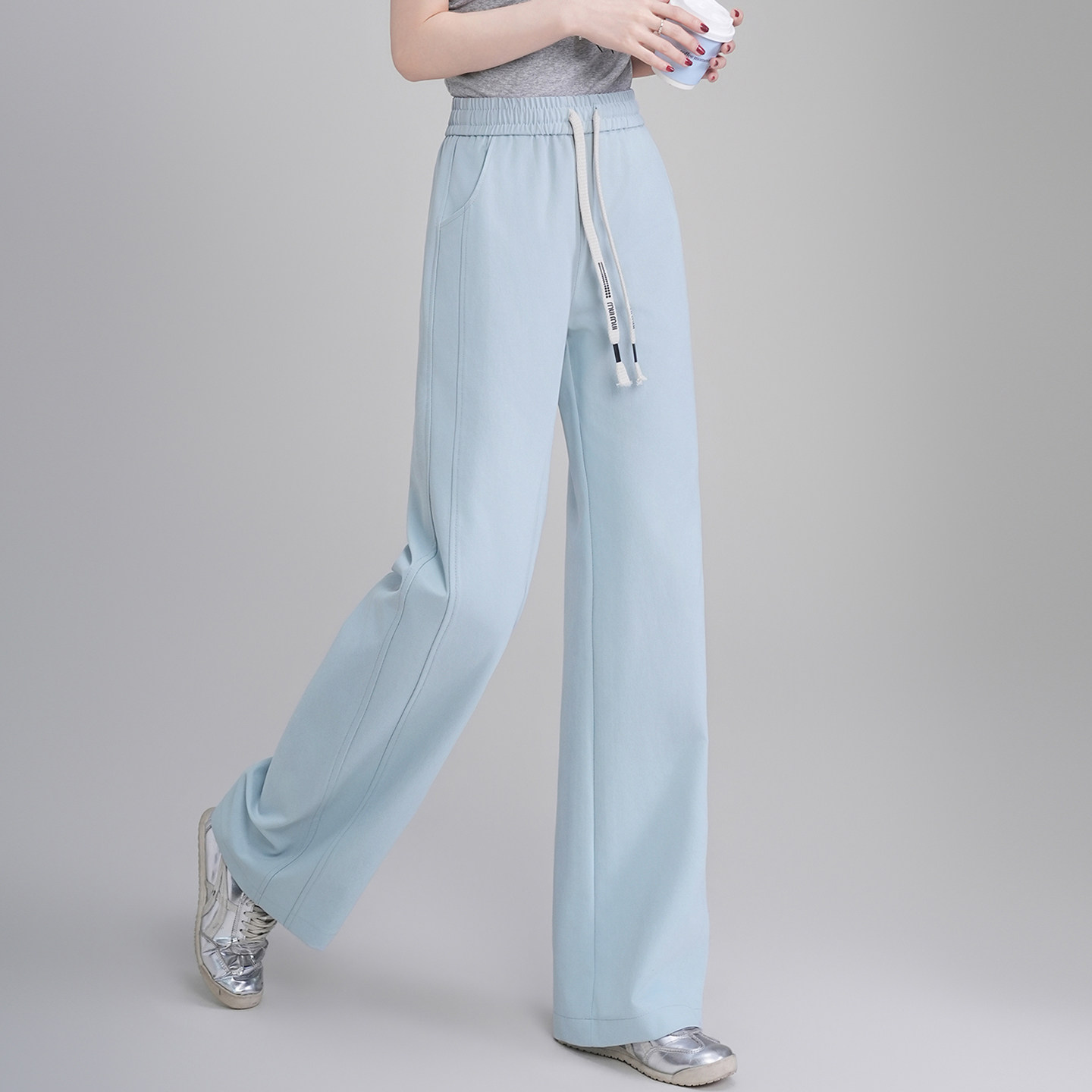 2026春季新款高腰系带阔腿裤女宽松显瘦休闲裤气质直筒松紧腰长裤