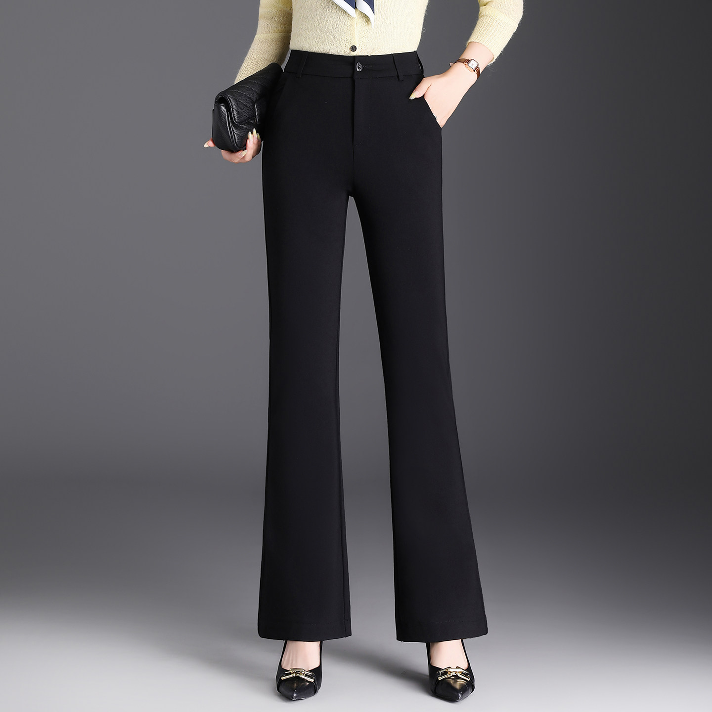 高级感垂坠微喇西裤女高腰显瘦通勤黑色西装裤春季百搭休闲喇叭裤