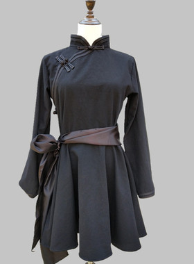 蒙古袍鸿雁舞蹈服装黑色棉麻艺考服筷子舞少数民族草原女款表演服
