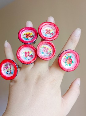 小众纯手工复古怀旧软陶“搪瓷”囍戒指