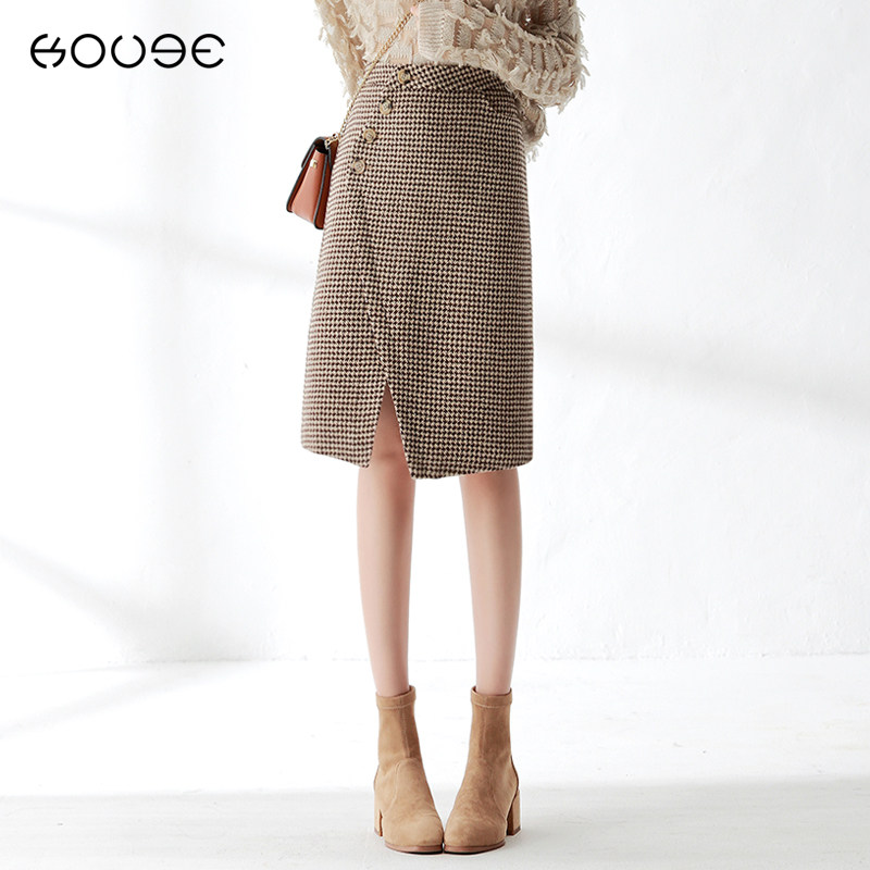 毛呢千鸟格子半身裙女秋冬2020新款a字高腰显瘦中长款开叉包臀裙