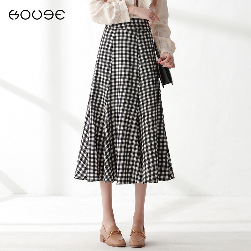 荷叶边鱼尾高腰半身裙中长款秋季适合胯大腿粗的裙子格子秋冬长裙