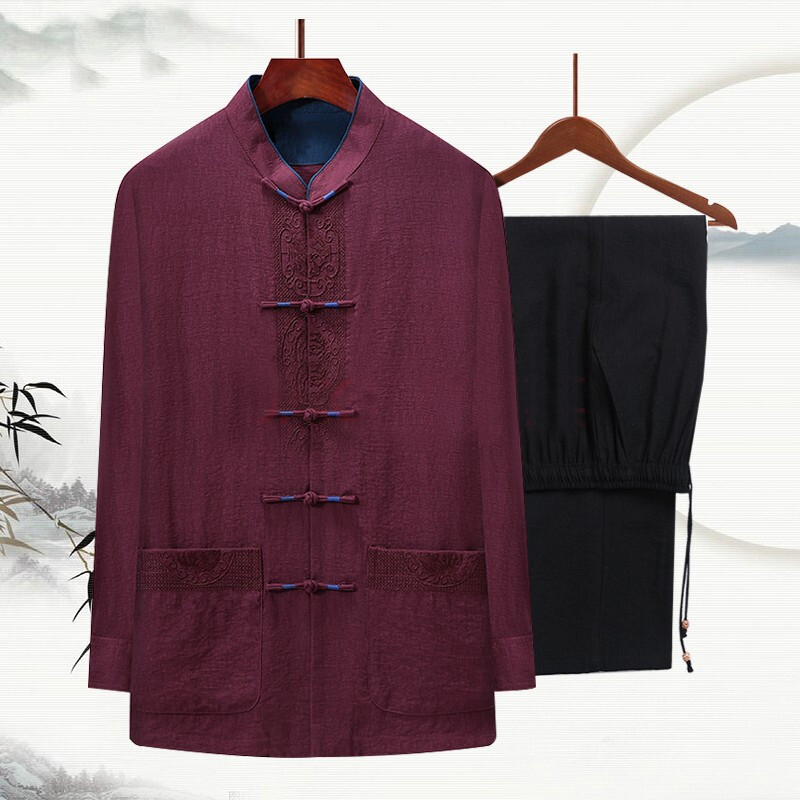 阿莫罗棉麻唐装中老年人宽松长袖套装男春夏薄款爷爷中国风爸爸装