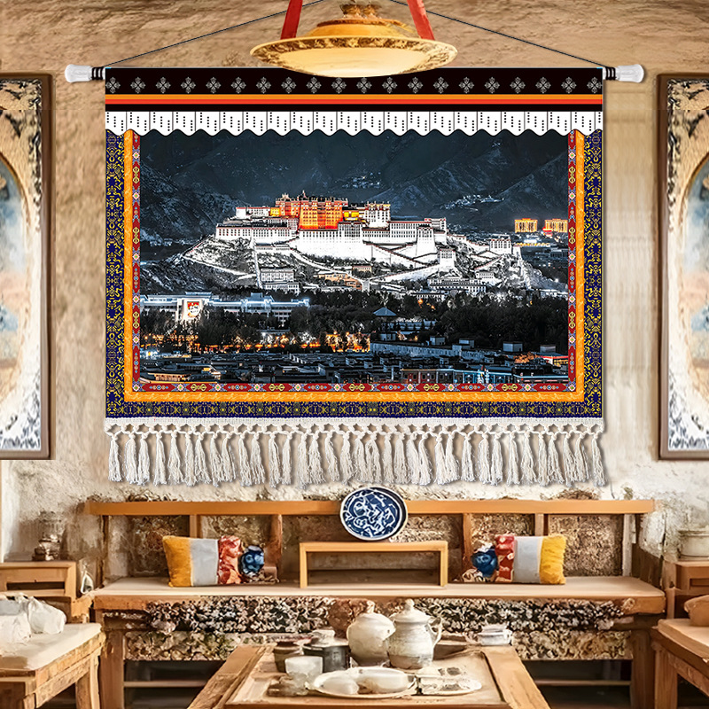 雪山牦牛牧民挂画藏族少数民族饭店民宿装饰画西藏风景餐厅壁画布图片