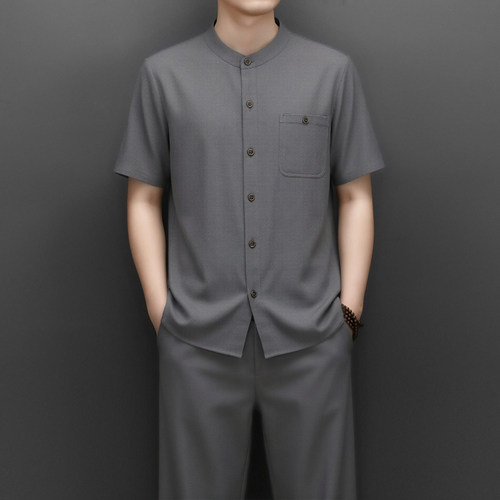 0624A款爸爸棉麻套装唐装男短袖衬衫夏装中老年爷爷亚麻衣服P85