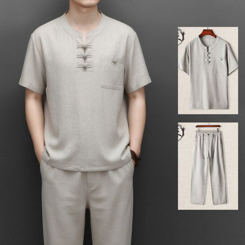 0724款夏季中年男装亚麻套装宽松休闲爸爸短袖中老年棉麻爷爷P85