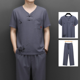 短袖 男夏季 中国风全棉套装 盘扣P53 汉服复古唐装 中山装 男士 3826款