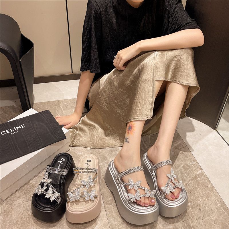水钻蝴蝶结超高跟厚底凉拖鞋女