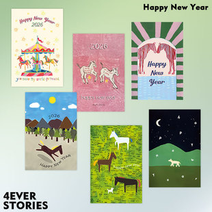 |4ES| 清新小马 2026马年新年手绘卡通明信片墙贴拍照装饰卡片