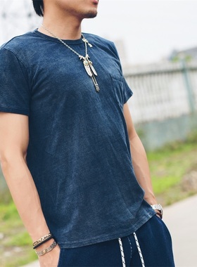 HDK(海觉） 2代INDIGO 太阳标260克蓝染宽松纯色打底t恤男夏 RRL
