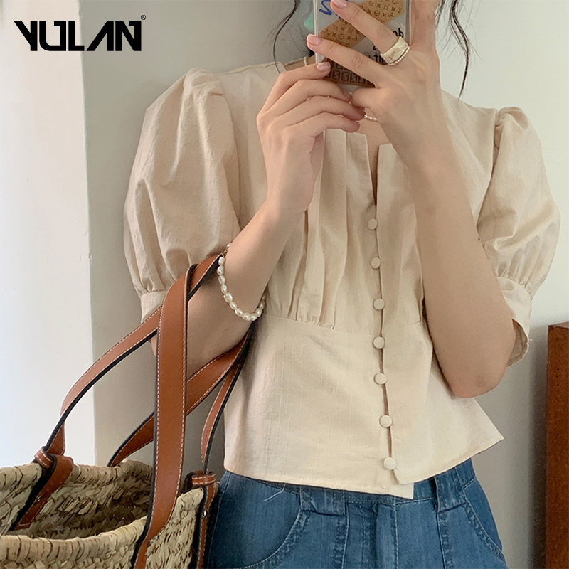 法式复古衬衣褶皱仙女都爱泡泡袖衬衫女a字短袖上衣蓬蓬衫韩版潮