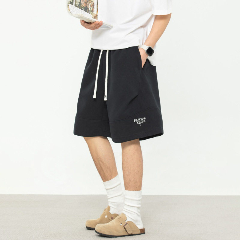 分割立体打褶休闲短裤夏季新款复古质感宽松字母刺绣运动五分裤男