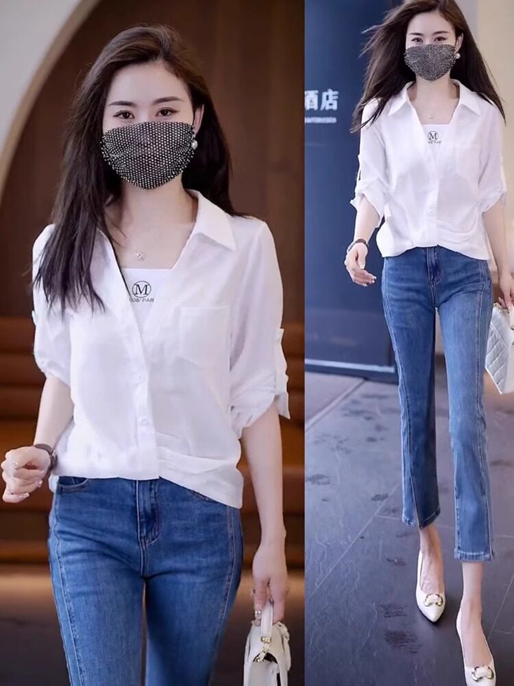 高档长袖假两件衬衫女士春秋新款洋气显瘦百搭时尚宽松小清新衬衣