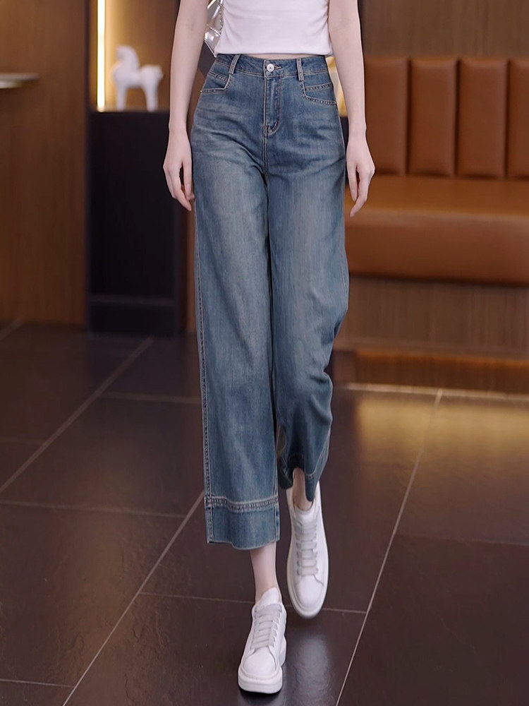 高档牛仔九分裤女秋冬加绒深蓝色牛仔阔腿裤高腰宽松小个子直筒裤