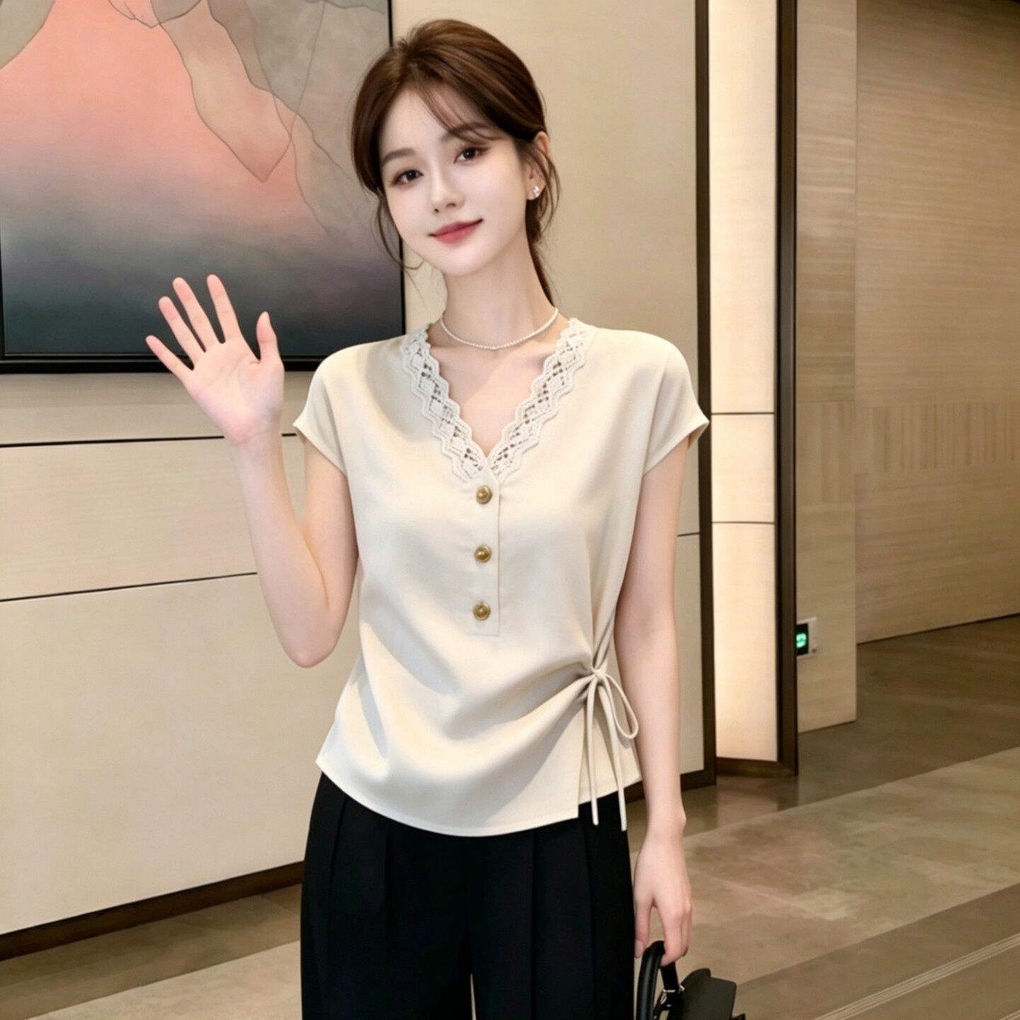 高档休闲气质花边V领短袖上衣女夏新款百搭侧边抽绳收腰显瘦T恤