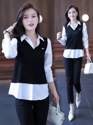 高档假两件套头衬衫女春秋新款今年流行宽松遮肚设计感长袖衫上衣