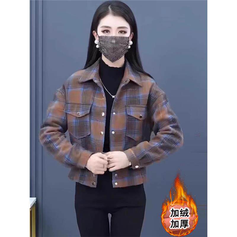 高档春秋新款格子短外套女士格子衬衫新款小个子上衣洋气减龄衬衣