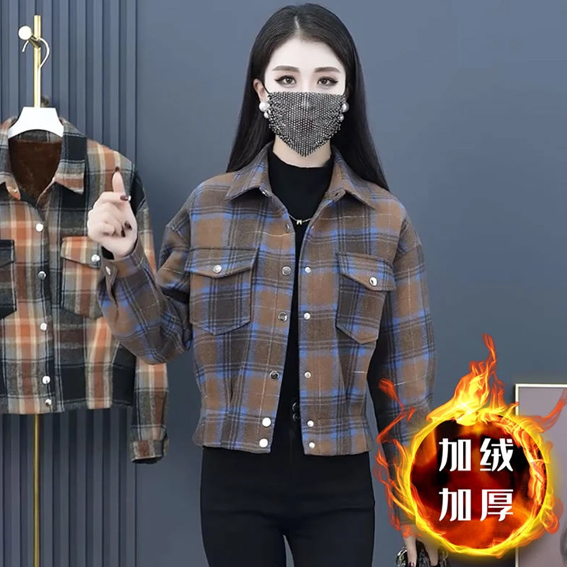 高档秋冬加绒加厚外套女新款春秋洋气中年妈妈女士格子上衣外套