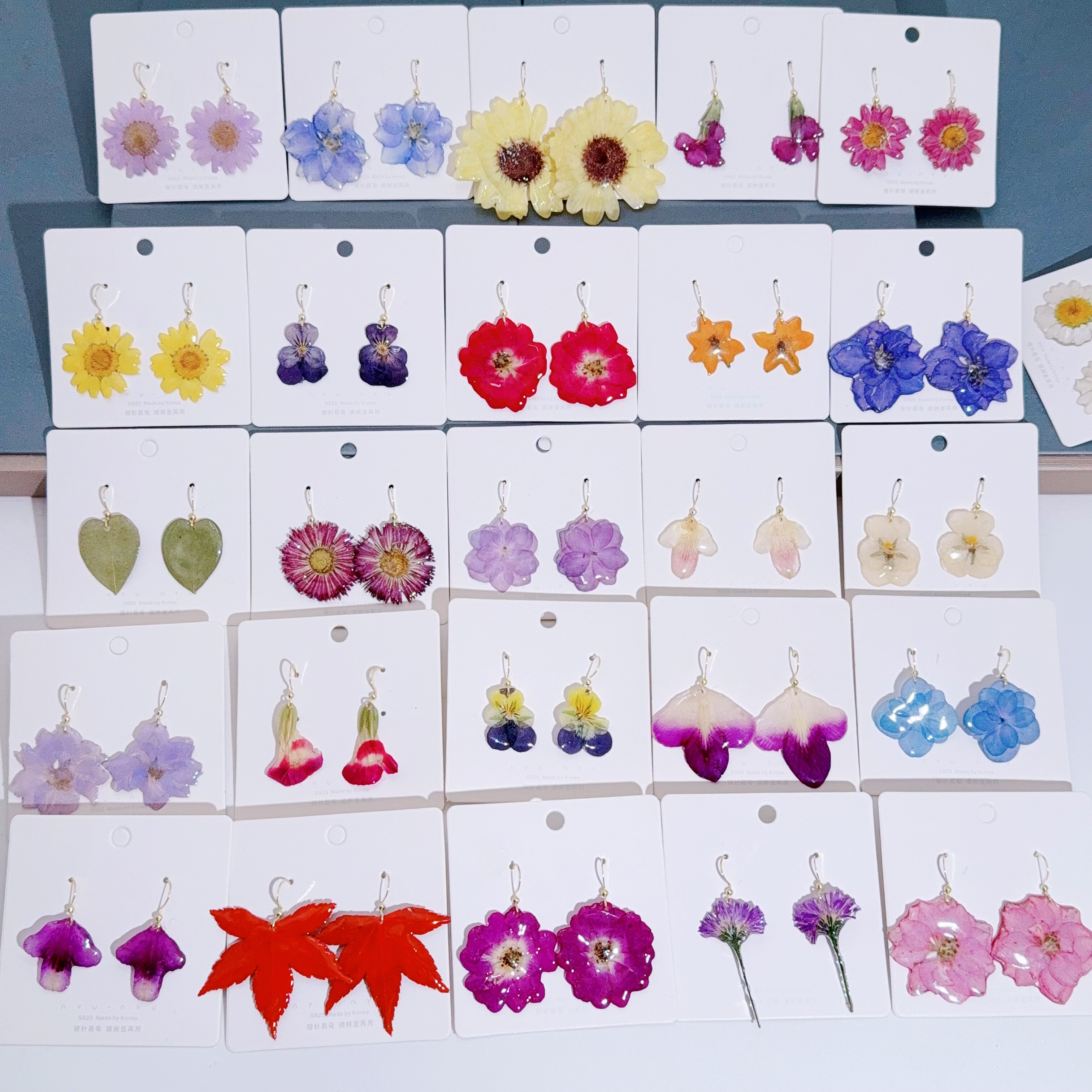 真花耳环玫瑰花兰花绣球花雏菊红枫叶干花标本滴胶耳坠小众耳饰