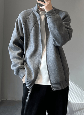 纯色针织衫外套男款春秋季慵懒高级感开衫日系复古痞帅立领毛线衣