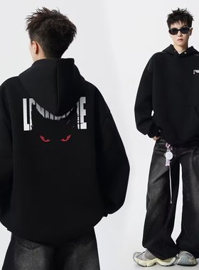 黑色恶魔猫咪印花连帽卫衣男款秋季美式重磅正肩上衣松弛感打底衫