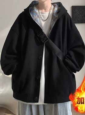 潮牌情侣装卫衣男秋冬季宽松百搭开衫日系格子连帽学院风男女外套