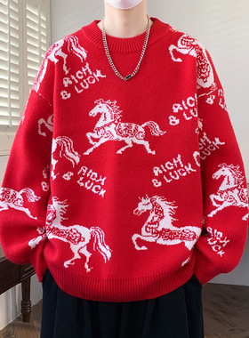 圆领红色毛衣男秋冬青少年马年本命年针织衫情侣款学生保暖线衣服