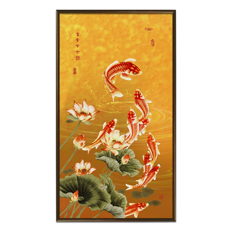 荷花九鱼/铜雕画走廊挂画家庭装饰画新中式挂画手工錾刻画图片