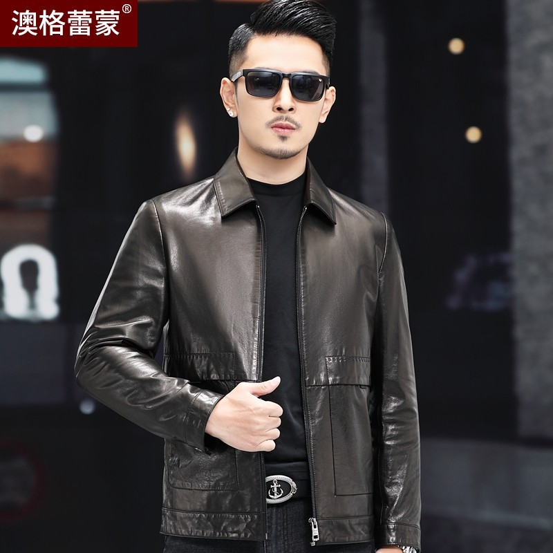 秋冬海宁真皮皮衣男士头层山羊皮植鞣翻领机车服短款修身皮夹克潮