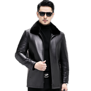 真皮皮衣男士头层牛皮羽绒服水貂翻领中长款中老年加厚外套爸爸装