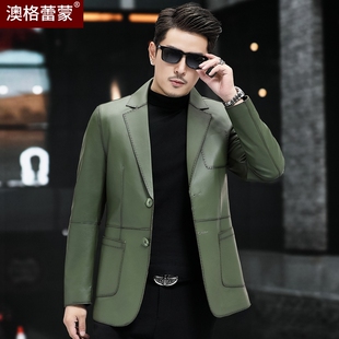 秋冬新款真皮皮衣男绵羊皮西装海宁修身短款绿色皮西服个性外套潮