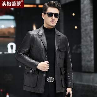 领加厚桑蚕丝外套冬 西装 新款 海宁真皮皮衣男头层油蜡牛皮夹克短款