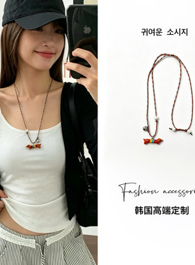 韩系可爱卡通小狗小众彩色编绳腊肠狗项链女吊坠可调节毛衣链配饰