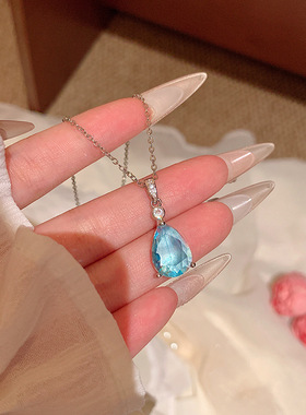 气质网红名媛配饰海蓝宝水滴锆石项链女清冷感时尚简约锁骨链