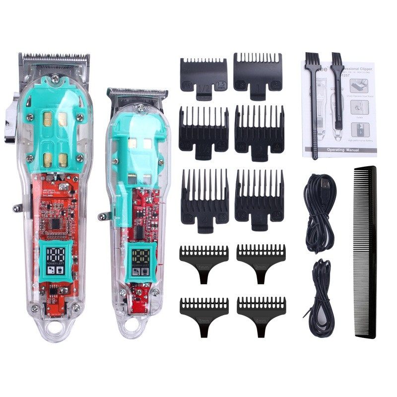 LCD2件套子母机全透明电动理发器 油头雕刻剪USB发廊电推剪跨境