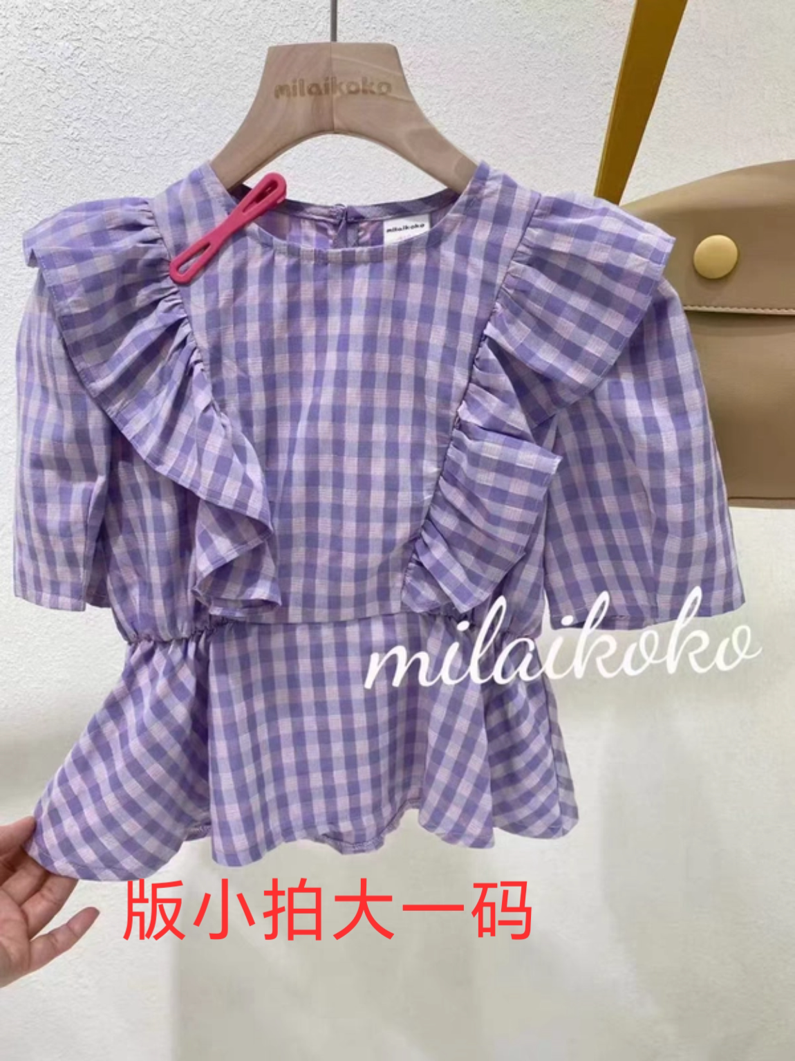 米莱milailkoko正品夏季清货圆领格子百搭拼接层次感短袖衬衫