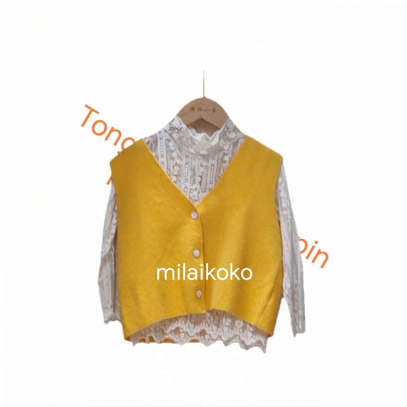米莱milaikoko女童韩版春秋高领蕾丝立体刺绣修身上针织马甲背心