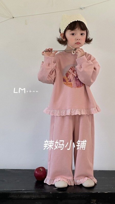 清货辣妈小铺女宝韩版春秋粉色花边拼接甜美时髦可爱休闲运动套装