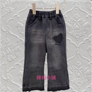 辣妈小铺小童冬款韩版女童爱心加绒牛仔裤一体绒微喇裤休闲长裤